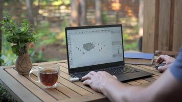 editing on laptop outdoors with tea and natural surroundings, Person edits footage on wooden table with tea cup, greenery, and peaceful forest view video