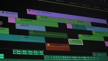 Close-up of detailed multi-track editing timeline with audio layers, Colorful interface shows layered clips, effects, and synchronized waveforms during post-editing video