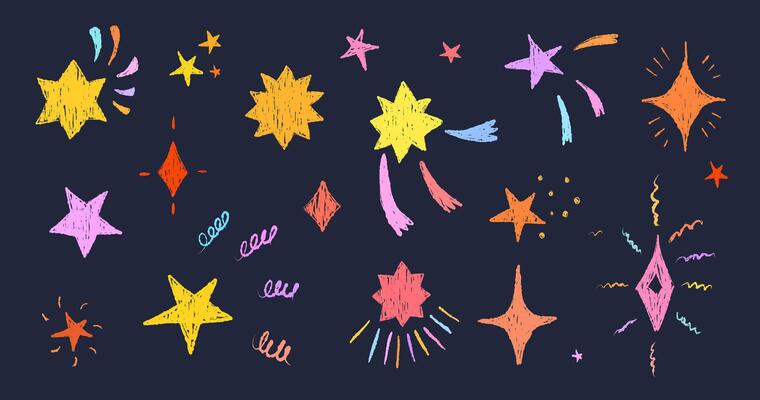 Sparkle magic stars drawn with crayon brush texture. Doodle space element with light