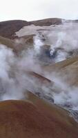 Aerial view of volcanic landscape. Hot spring in Kerlingarfjoll geotermal area, Iceland. vertical footage video