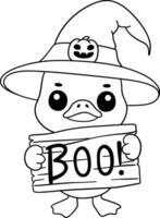 halloween cartoon duck with witch hat and boo sign in cute black and white coloring page vector