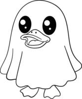 halloween duck in ghost costume with eye holes in kid friendly black and white outline style vector