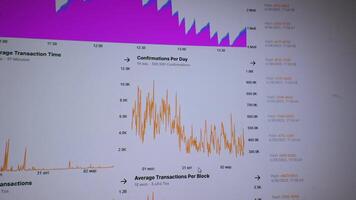 Cryptocurrency analytics dashboard with transaction and block data charts, Visual graph displays daily confirmations, block sizes, and average transaction volumes video