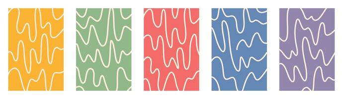 Retro groovy childish hand drawn abstract backgrounds with wavy lines. Organic distorted curved shapes with playful squiggles and pastel colors on transparent layout. Funky doodle style set vector