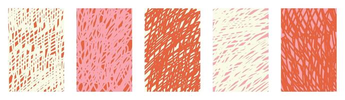 Childish crayon scribble patterns set. Red pink messy hand drawn wavy lines. Funky sketch backgrounds with groovy texture shapes. Abstract uneven doodle stripe scrawl for kids design art vector