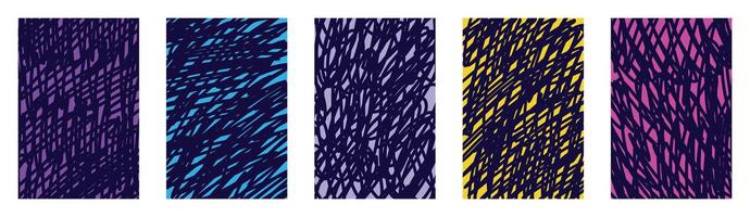 Dark funky children scribble pattern set with neon abstract lines, irregular maze shapes, vibrant color contrast, energetic hand drawn textures, wild marker strokes, transparent backgrounds vector