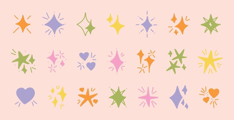 Colorful hand drawn doodle stars hearts sparkles pastel background cute whimsical hand drawn clipart children design baby art playful elements magical shapes isolated fun decoration set