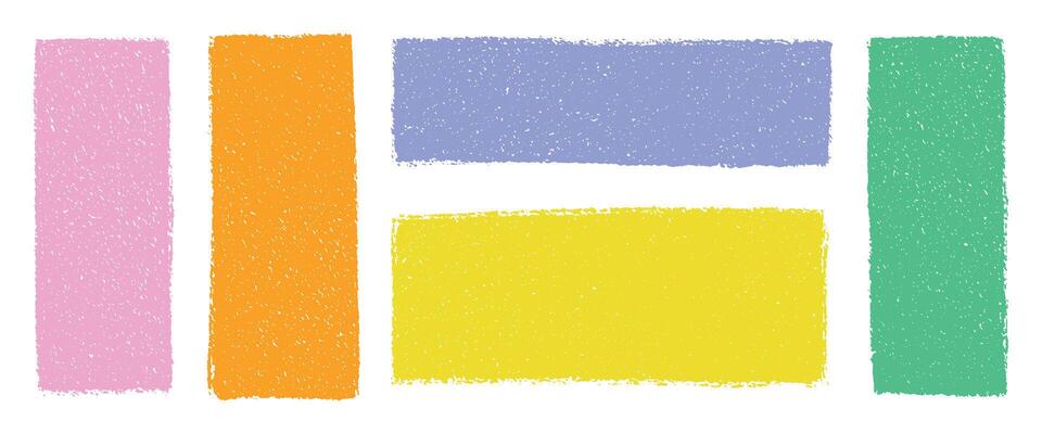 Bright colorful crayon drawn rectangles and squares with pastel grain texture. Abstract geometric shapes for design layout, transparent background, doodle text boxes speech bubbles sketch style