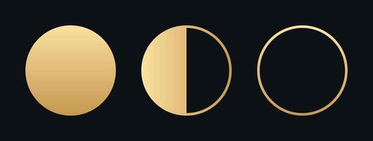 Golden geometric moon phase icons set showing full, half and new moon designs on black background, minimalist modern astronomy symbol pack for cosmic lunar spirituality and decorative use vector