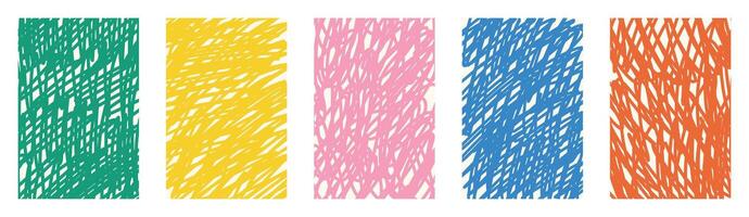 sketchy abstract scribble hand drawn lines backgrounds set. Kids creative marker texture collection. Wavy irregular doodle ornament. Colorful fun playful pattern. Childlike groovy element. vector