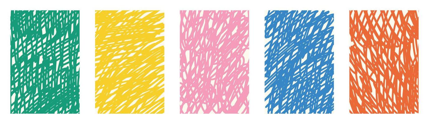 sketchy abstract scribble hand drawn lines backgrounds set. Kids creative marker texture collection. Wavy irregular doodle ornament. Colorful fun playful pattern. Childlike groovy element.