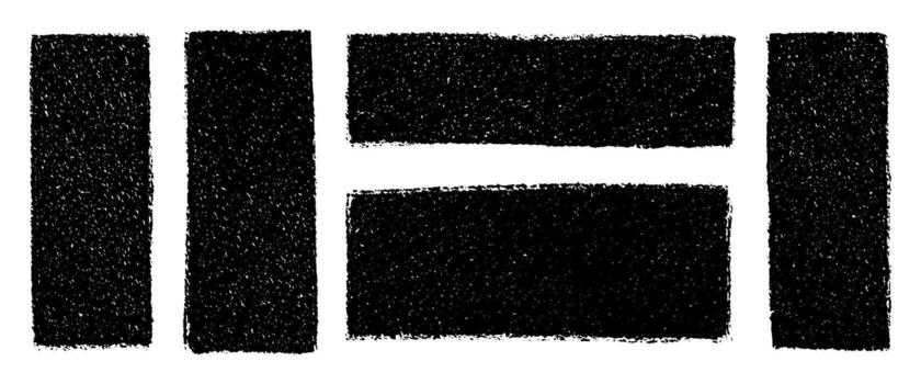 Hand drawn grunge rectangles set black textured ink blocks abstract geometric shapes rough brush strokes isolated transparent background bold design elements modern minimal composition vector