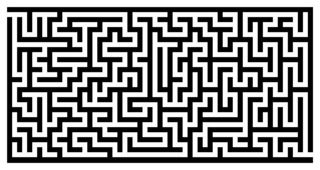 Dense black maze pattern with sharp edges, rectangular abstract puzzle labyrinth on transparent background, complex logic game design template for kids and adults, challenge solution concept vector