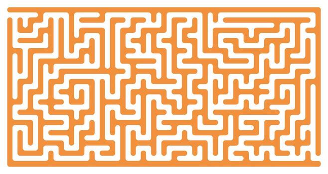Orange maze puzzle background with geometric rounded path, abstract labyrinth design template, fun brain challenge game on transparent for children activity print or digital use vector