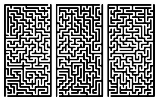 Three vertical maze puzzles in black white style, abstract complex labyrinth collection, brain game design with difficult winding paths and multiple intricate challenge routes logic navigation vector