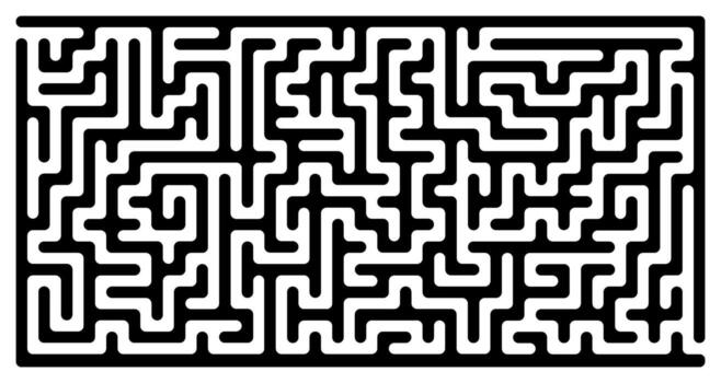 Black white maze horizontal design, bold abstract labyrinth with rounded thick lines, easy moderate difficulty puzzle background, brain teaser concept with swirling confusing path and entrance vector