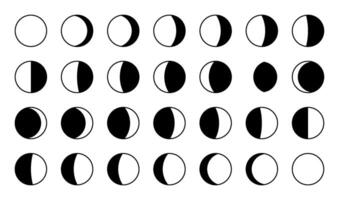 Black and white moon phase set showing lunar transition cycle with waxing waning gibbous crescent quarter full moon icons for astronomy astrology science infographic template design vector