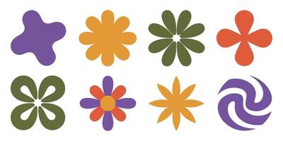 Eight Abstract Flower Shapes Set Purple Orange Yellow Green Retro Style Simple Flat Design Elements vector