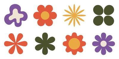 Eight Retro Style Flower Shapes in Orange Purple Yellow and Green Color Palette Simple Flat Design Floral Elements vector