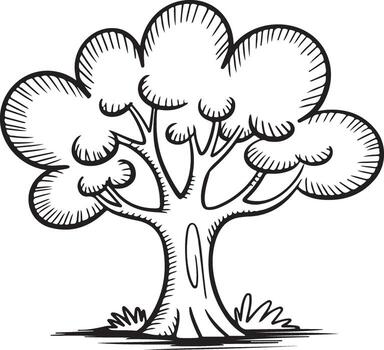 Hand Drawn Blackand White Cartoon Sketch of a Tree with a Thick Trunk and Rounded Leaf Clusters Simple Line Art Illustration vector