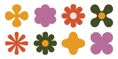 Eight Retro Style Flower Shapes in Orange Purple Green and Red Tones Simple Flat Design Floral Elements vector