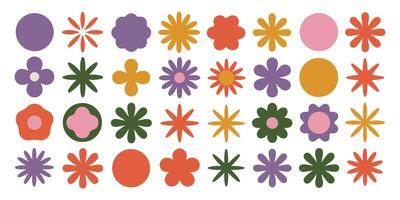 Collection of Retro Style Flat Flower Shapes in Purple Orange Pink Yellow and Green retro flowers vector