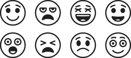 Eight Hand Drawn Black and White Circular Emoji Faces Displaying Diverse Emotions Including Happy Sad Surprised and Annoyed vector