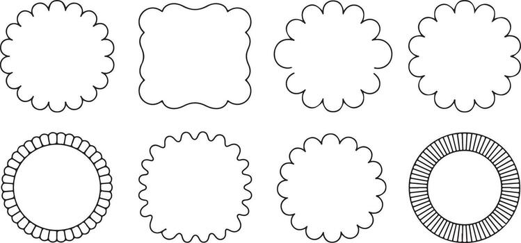 Eight Scalloped Edge and Geometric Black Line Frames on White Background Set of Blank Circle Square Rectangle Border Templates vector