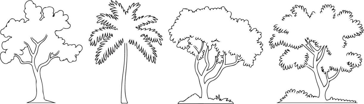 Black and White Line Drawing Set of Four Different Trees Side View Simple Silhouette Illustrations Deciduous Palm and Shrub Traced vector
