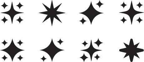 Eight Black Sparkle Star Twinkle Icons Set Isolated on White Background Simple Geometric Shapes Graphic Design Elements vector