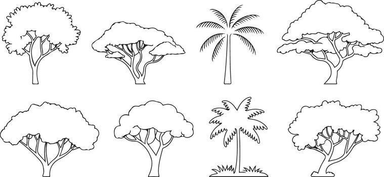 Set of Six Black Line Drawings of Various Trees Including Two Palm Trees Side View Simple Silhouette Style Graphic vector