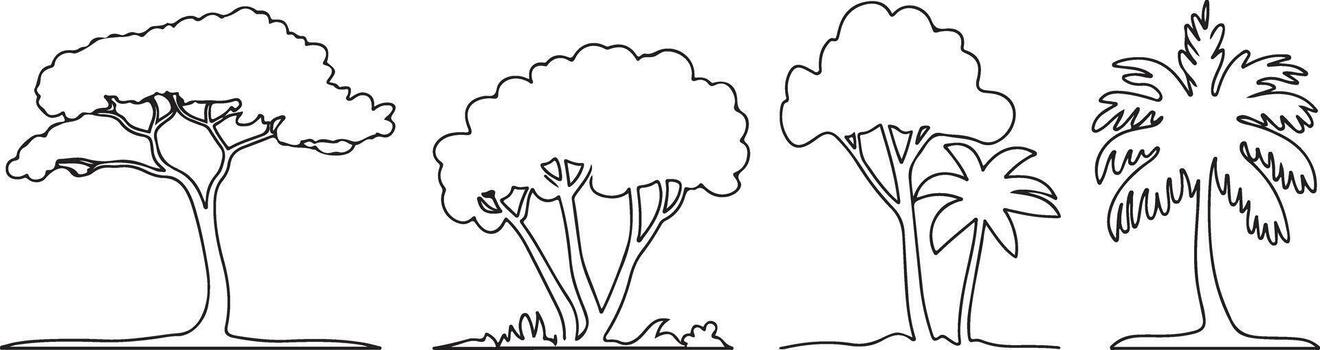 Set of Four Black Line Drawing Silhouettes of Trees Side View Including Deciduous and Palm Trees Simple Minimalist Style vector