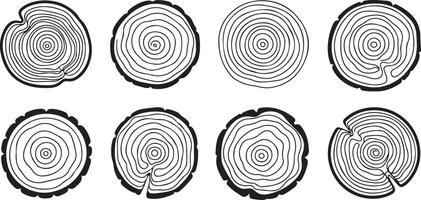 Eight Hand Drawn Black and White Tree Ring Cross Sections Wood Circles Set Circular Wood Grain Patterns Natural Texture Illustrations vector