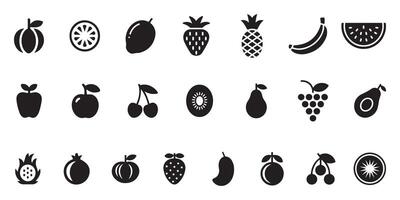 Collection of Black and White Fruit Icons Apple Banana Cherry Grape Kiwi Mango Orange Pear Pineapple Pomegranate Strawberry Watermelon vector