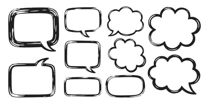 Twelve Black Hand Drawn Speech Bubbles Blank Frames Text Boxes Square Round Cloud Shapes White Background vector