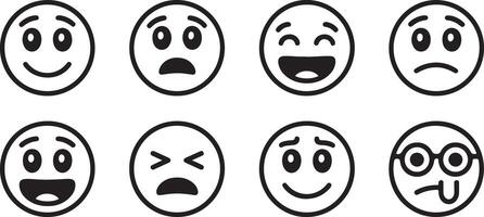 Eight Hand Drawn Black and White Emoji Faces Icon Set Circular Doodle Style Simple Line Art Emoticons Set of Diverse Facial Expressions vector