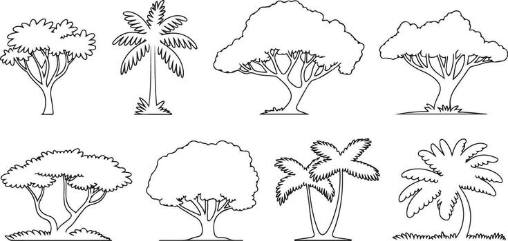 Eight Black Line Drawings of Various Trees Including Palm Trees and Deciduous Trees Set Against a White Background Simple Side View vector