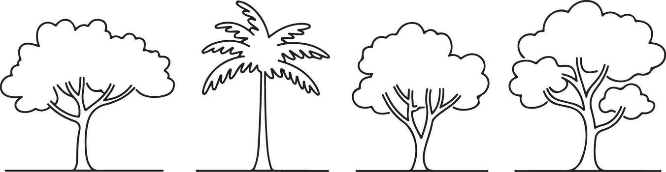 Black and white line drawing of four trees side by side simple minimalist style one palm tree two deciduous trees one broadleaf tree vector