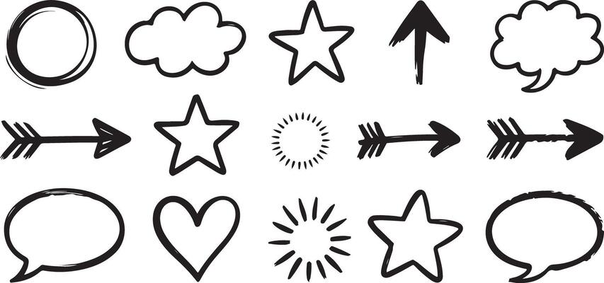 Hand Drawn Black Ink Sketch Elements Set Arrows Stars Hearts Circles Speech Bubbles Sunburst
