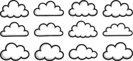 Twelve Hand Drawn Black and White Cloud Shapes Doodle Sketch Style Set Traced Illustrations vector