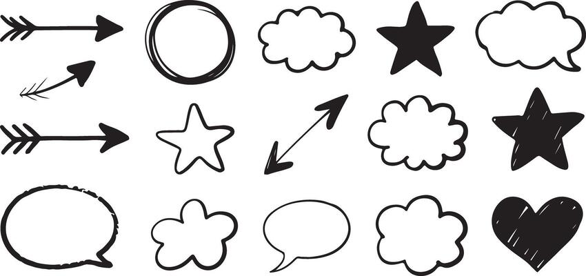 Hand Drawn Black Line Art Elements Set Arrows Stars Hearts Clouds Speech Bubbles Sketch Style Graphics 1