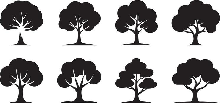 Eight Black Silhouette Tree Icons Collection Various Shapes and Sizes Simple Graphic Design Elements vector