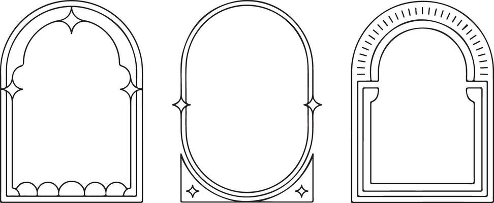 Three Minimalist Black Line Arch Frames Set Boho Mystic Style Geometric Oval Pointed Arch Rounded Arch Decorative Borders