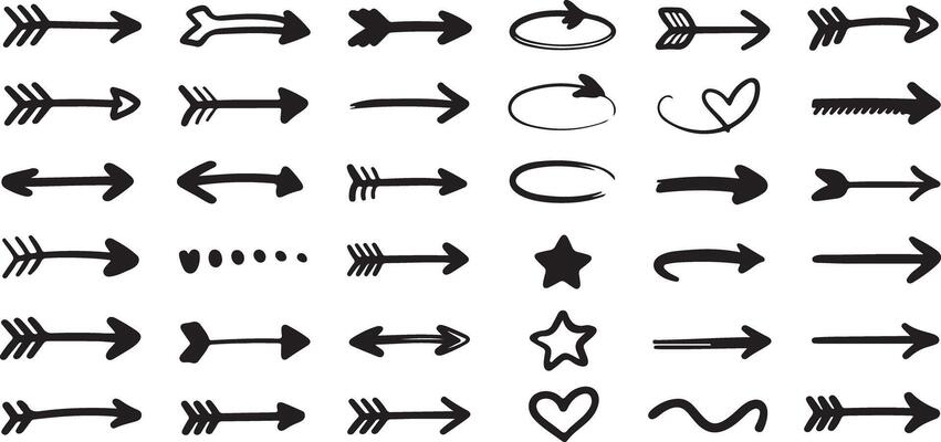 Thirty hand drawn black arrow shapes various styles including straight curved and feathered arrows plus stars hearts and wavy lines
