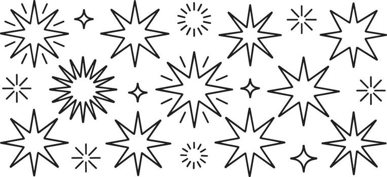 Hand Drawn Black Line Art Starburst and Star Pattern Seamless Background Various Sizes and Shapes Simple Doodle Style vector