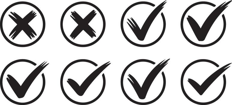 ocho negro marca de verificación y cruzar marca íconos conjunto en circular marcos mano dibujado estilo gráfico diseño elementos vector