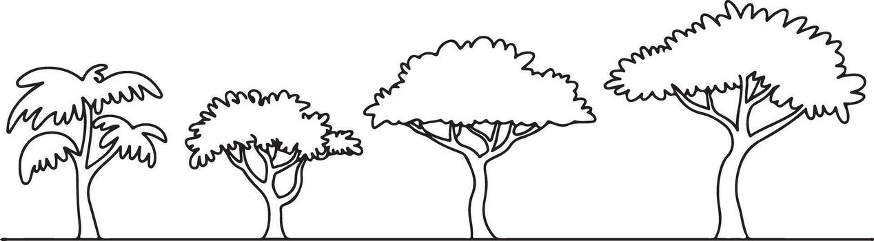sencillo línea dibujo de cuatro arboles lado perfil negro y blanco minimalista estilo palma árbol pequeño árbol grande árbol y arbusto vector