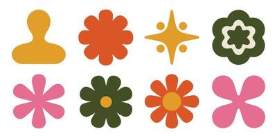 Eight Retro Style Flower Shapes and a Starburst Design in Orange Pink Green and Gold Colors Simple Flat Graphic vector