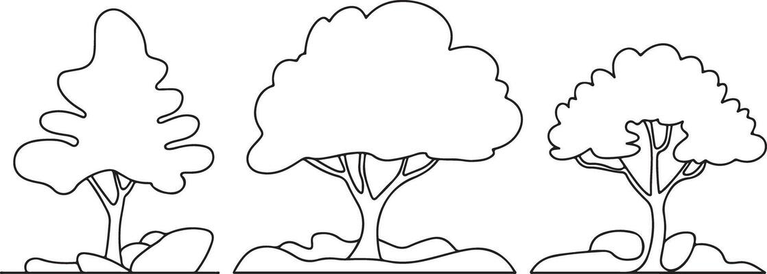 Simple Line Drawing Three Trees Minimalist Black White Sketch Style Nature Landscape Illustration