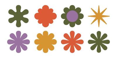 Eight stylized flower shapes in muted orange purple gold and green tones simple flat design floral elements isolated on white background vector